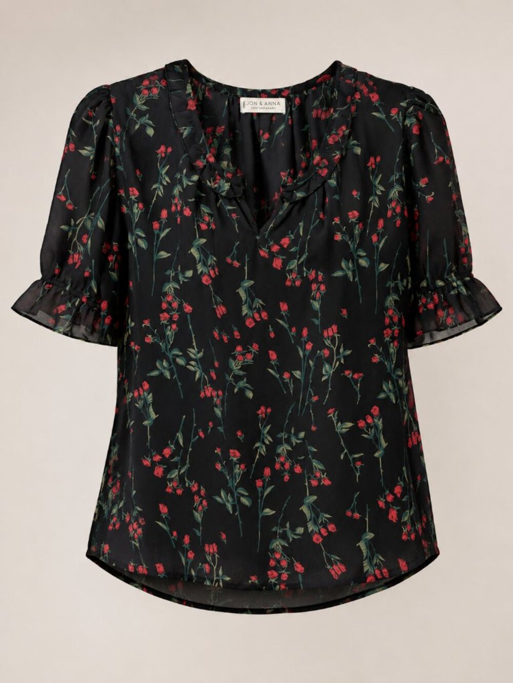 Jon & Anna Floral Blouse Women's Large Black Red Rose Puff Sleeve Top Boho